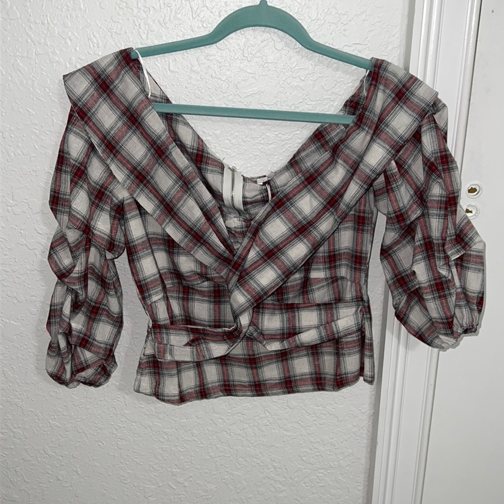 MET White black & red plaid blouse SZ M
